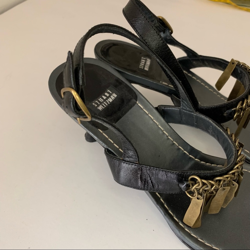 Stuart Weitzman Heeled Toe Ring Sandals with Bronze Metal Fringe, US W6 - Picture 7 of 12